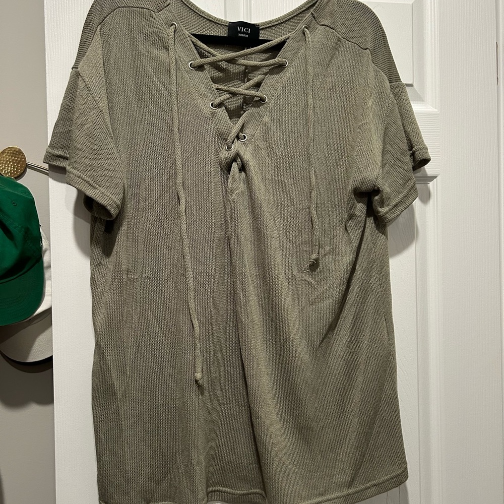 Vici Army Green Lace-Up Knit Shirt